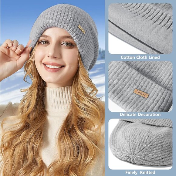 Womens Warm Knit Beanie Hat Thick Cotton Lined Slouchy Skull Cap for Fall Winter - Picture 2 of 7